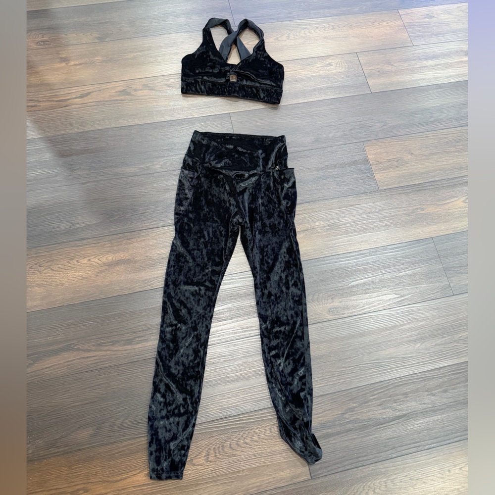 Fabletics Black Velvet Leggings & Sports Bra Set
